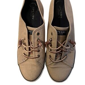 Sperry Khaki Canvas Sneakers with Brown Laces